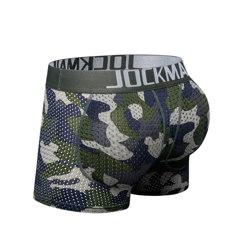 Men's Sexy Fashion Ice Silk Mesh Breathable Soft Comfortable Butt Lift Boxer Briefs Underwear Low Waist Camouflage Quick Dry