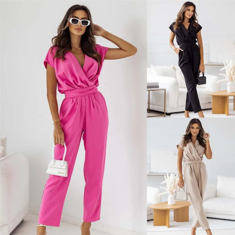 Summer Short Sleeve Suit High Waist Jumpsuit Fashion Women's Fitted Jumpsuit V Neck Tie Pencil Casual Pants Jumpsuit