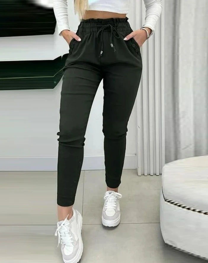 Elegant Women's Pants Autumn Casual High Waisted Drawstring Waist Button Decor Fleece Lined Skinny Pants Daily Small Leg Pants