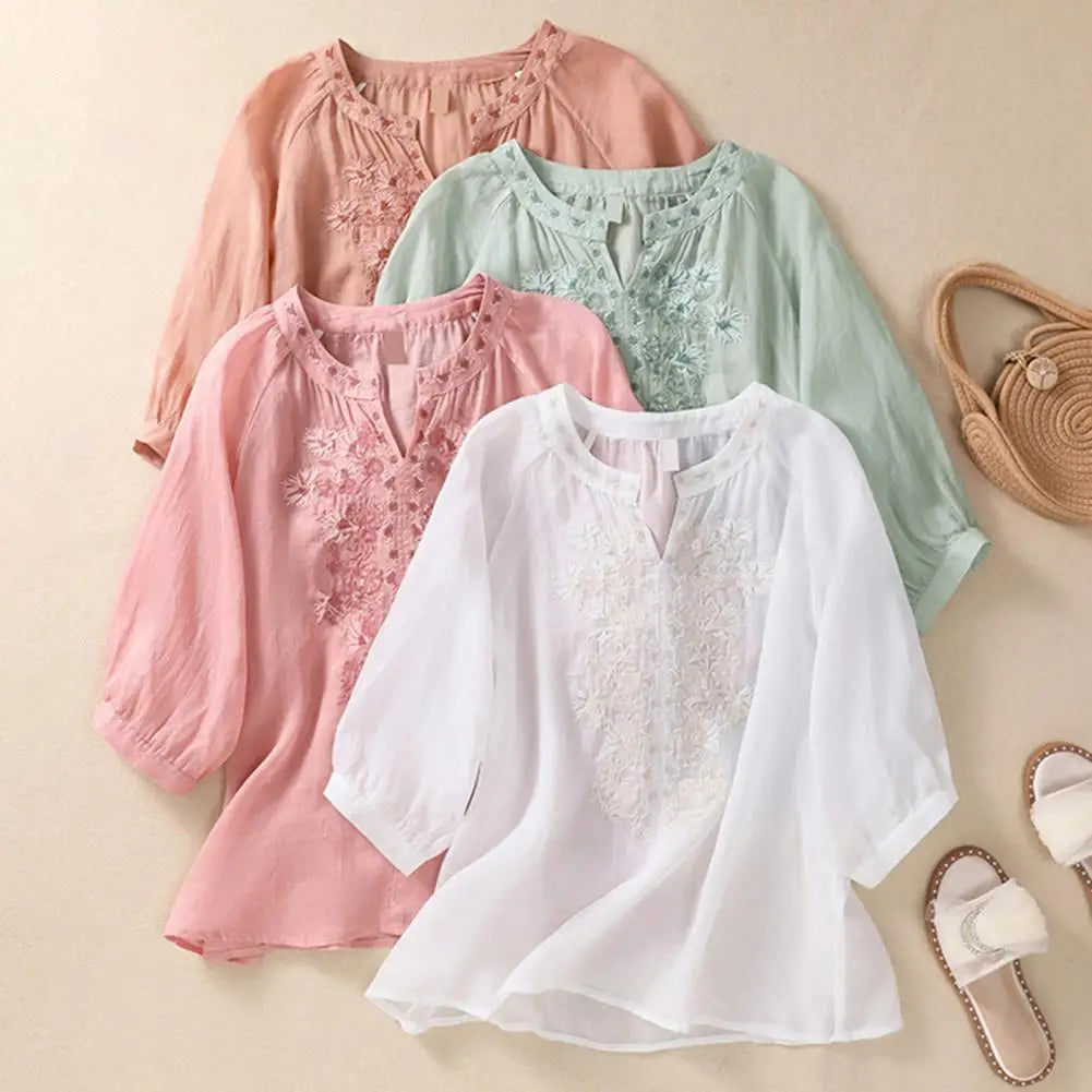 Cotton Linen Flower Embroidery Shirt Women Three Quarter Sleeves V Neck Casual Blouse Loose Solid Color Mother Blouse Women Top