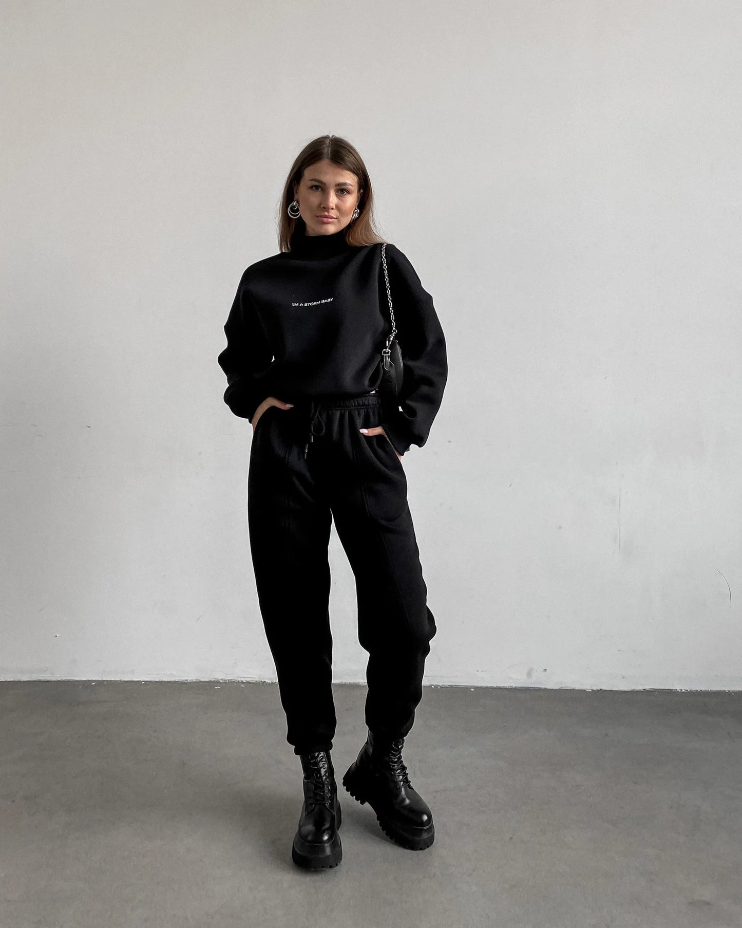 2023 Spring Autumn New Printed Loose Sports Suit Women Turtleneck Long Sleeve Sweatshirt Drawstring High Waist Pencil Pants Suit