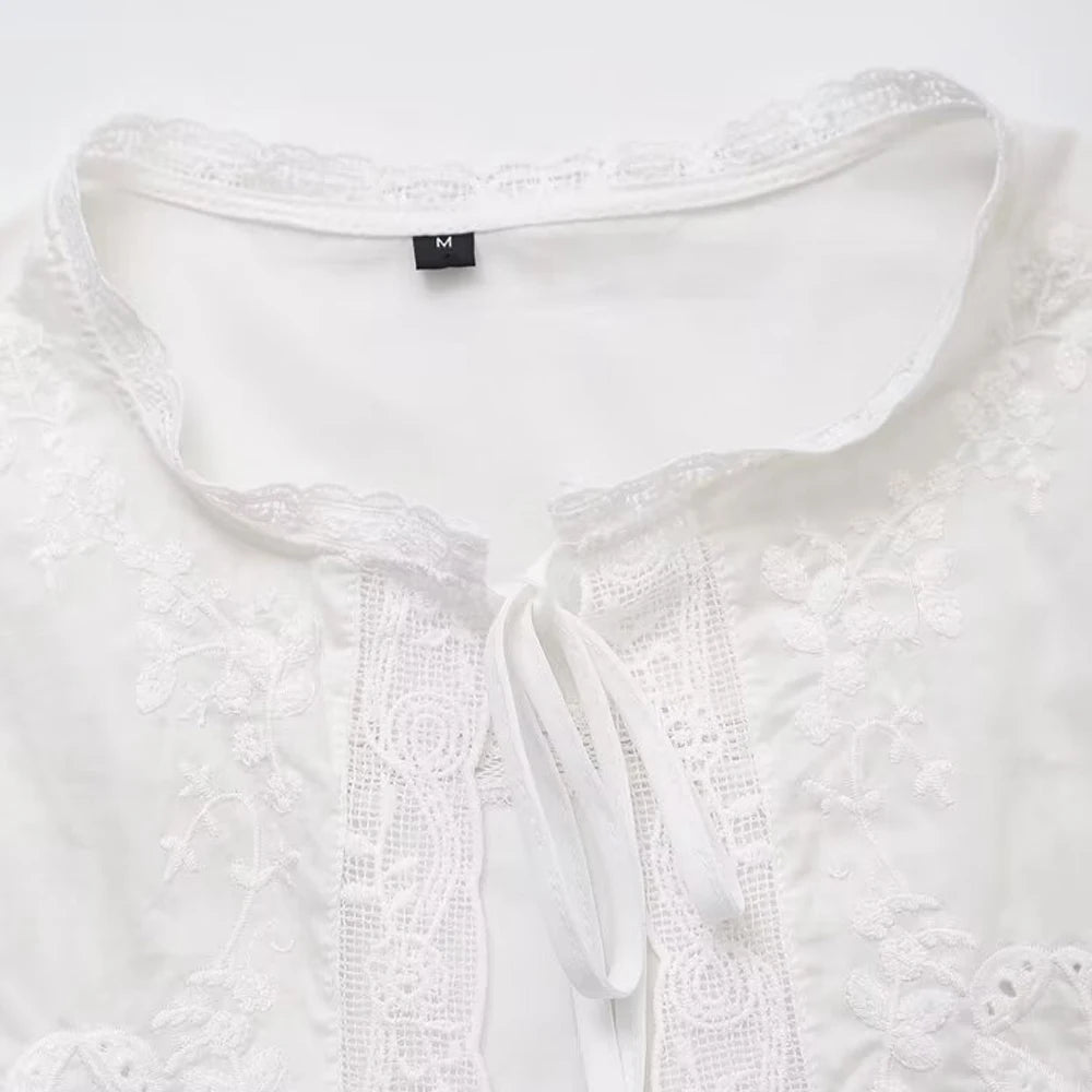 TRAF-Women's Lace Embroidery Blouses, O Neck, Sleeveless, Front Tied, Female Shirts, Chic Tops, Fashion