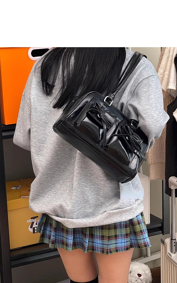 Xiuya Silver Pleated Womens Shoulder Bag Elegant Gentle Korean Fashion Leather Handbag Bow Sweet New Simple Ladies Boston Bag