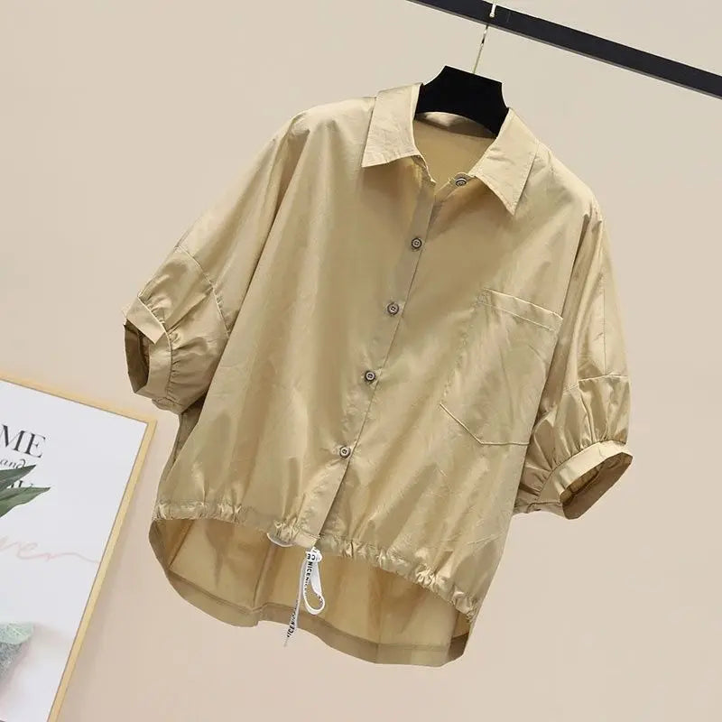 Summer New Bat Sleeve Pockets Shirt Women Loose Casual Short Sleeve Blouse Solid Lace Up Tops Half Shirts Lady High Street Trend
