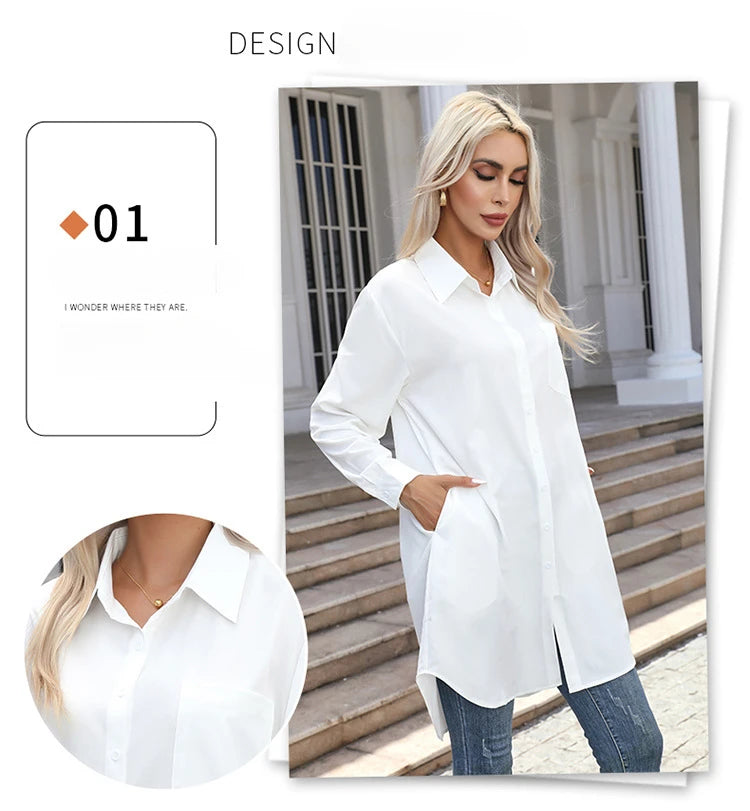Long Shirt Women 2023 Vintage Pocket Shirts &Blouses Oversized Long Sleeve Blouse Fashion Women's Clothing Button Up Womens Tops