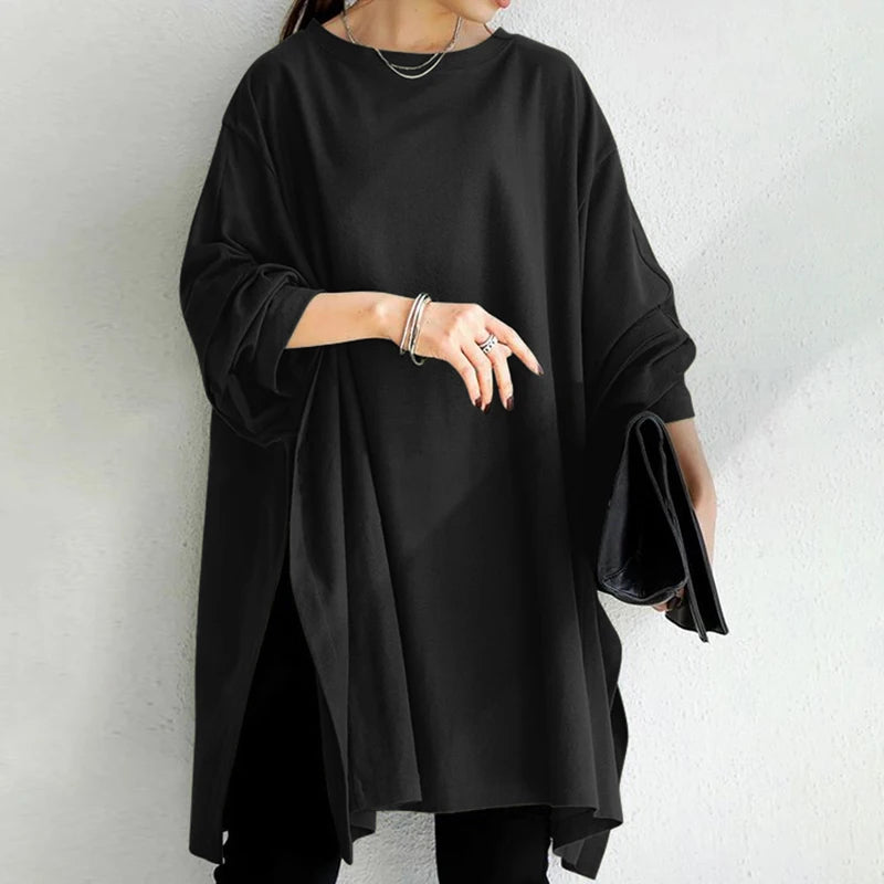 ZANZEA Fashion Split Hem Pullover Woman Casual Solid Sweatshirts Spring Long Sleeve O-Neck Tunic Tops Vintage Loose Hoodies 204