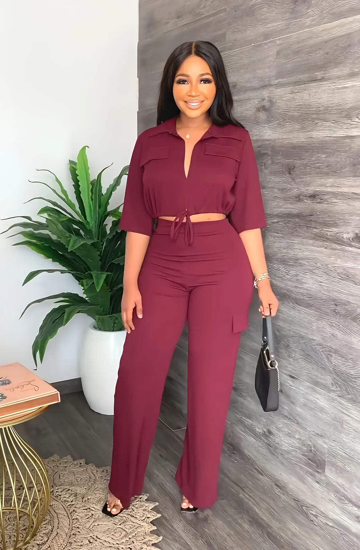 Elegant Women's Set Casual Drawstring Half Sleeve Short Blouse High Waist Straight Wide Leg Pant Suit Tracksuit Two Piece Outfit