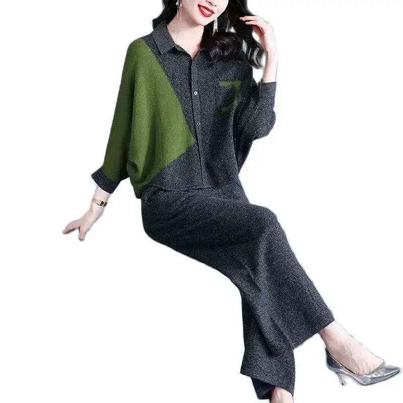 Self Made Knitted Two-piece Set for Women's 2024 Spring Clothing Set Socialite Temperament Wide Leg Pants Sweater Set Commuting