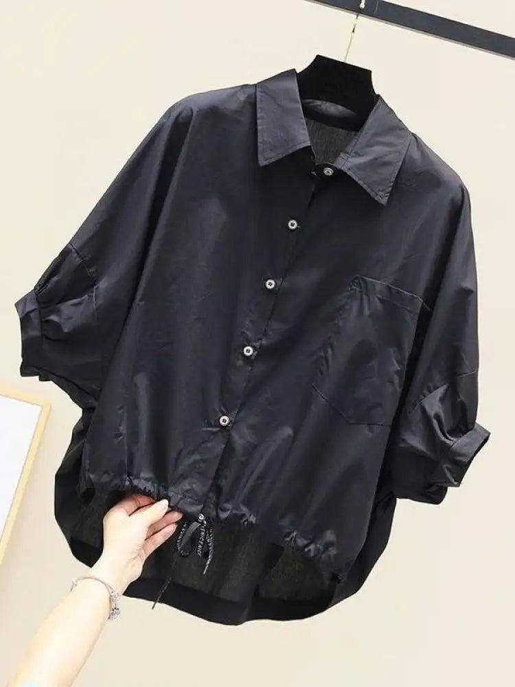 Summer New Bat Sleeve Pockets Shirt Women Loose Casual Short Sleeve Blouse Solid Lace Up Tops Half Shirts Lady High Street Trend