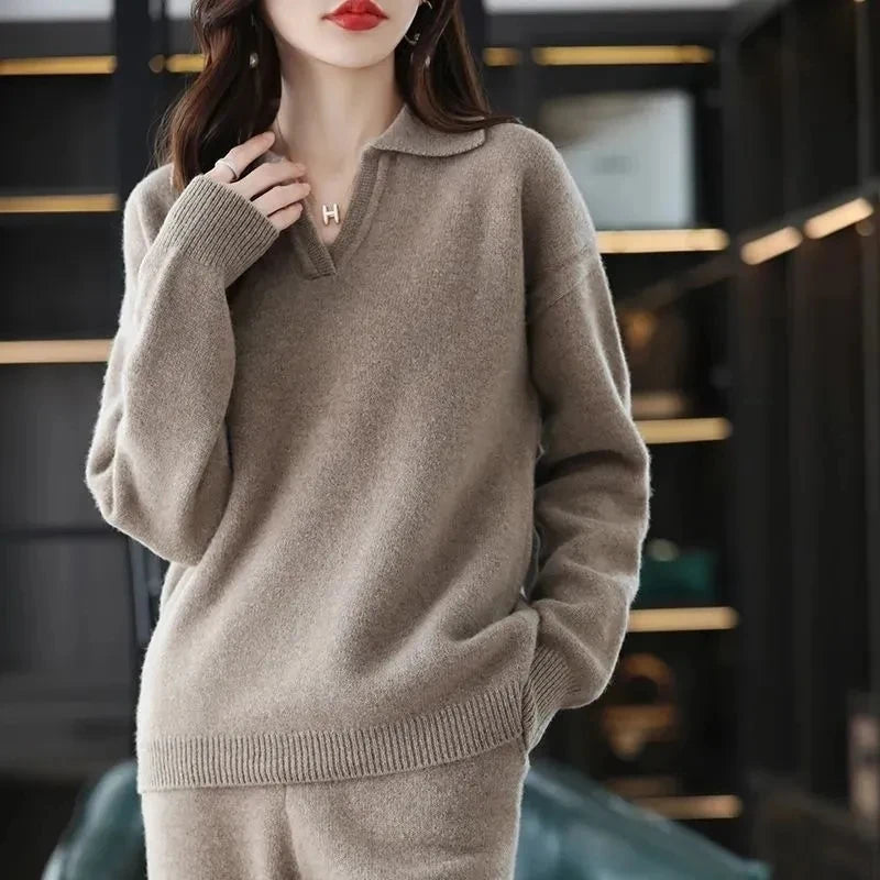 Knitted Suit Women's 2024 New Fashion Autumn Winter Long-sleeved Lapel Sweater+Wide leg pants Female Loose Casual Two-piece Sets