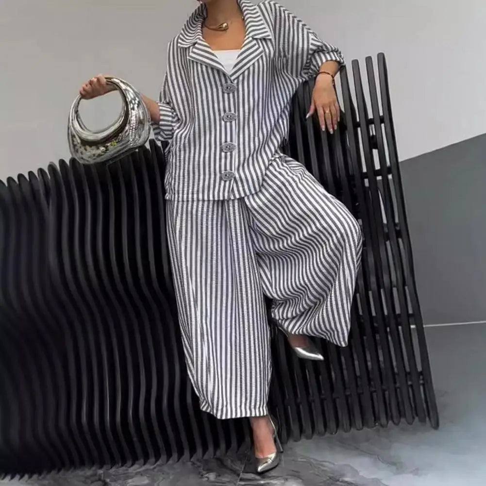 Wide-leg Pants Suit for Women Autumn Women's Casual Suit with Long-sleeved Shirt Top Wide-leg Harem Pants Lapel Striped