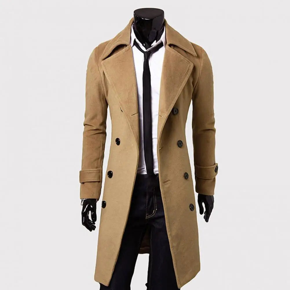Simple Trench Coat Double-breasted Male Men Coat Coldproof Pure Color Jacket