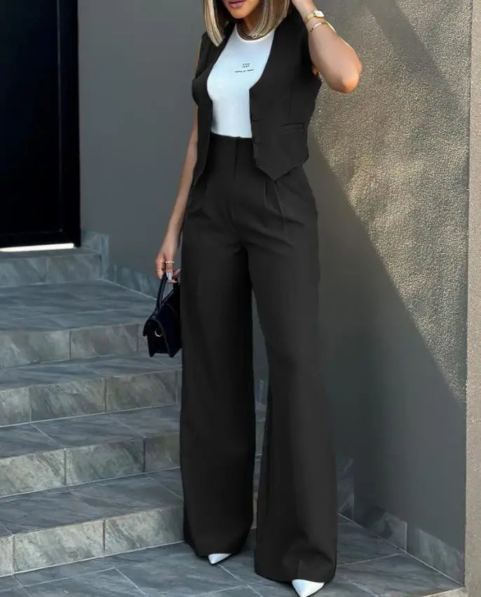 New 2024 Women's Summer Casual 2PCS Pants Sets Solid Vest +Pants Sets Elegant High Waist Wide Leg Outfits Women Matching Sets