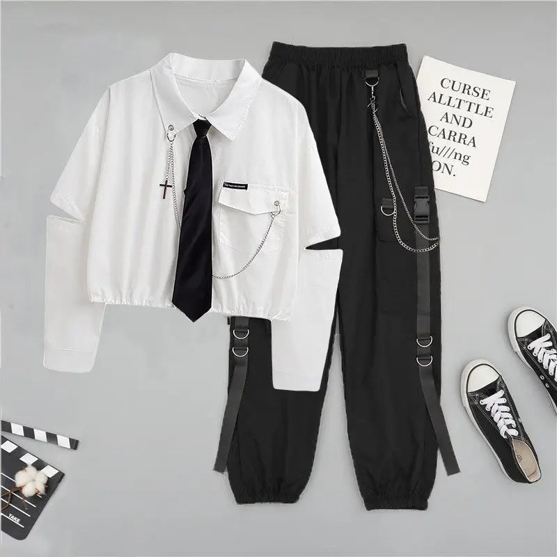 Female Set Woman 2 Pieces Pants Korean Fashion Chain Streetwear Harajuku Shirt+Sweat High Waist Y2k Aesthetic Two-piece Suit