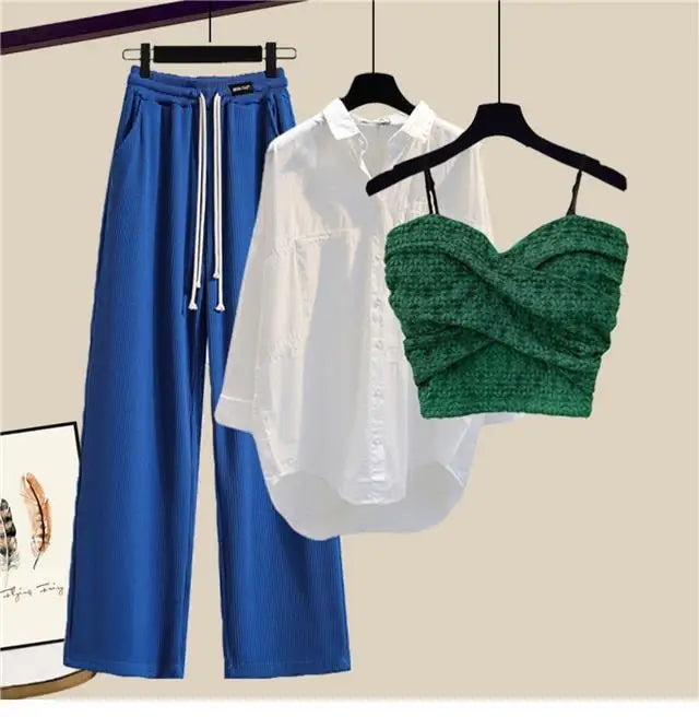 2023 Summer New Wide Free Casual Wide Leg Trousers White Shirt Wave Bra Vest Three Piece Elegant Women's Pants Set Tracksuit