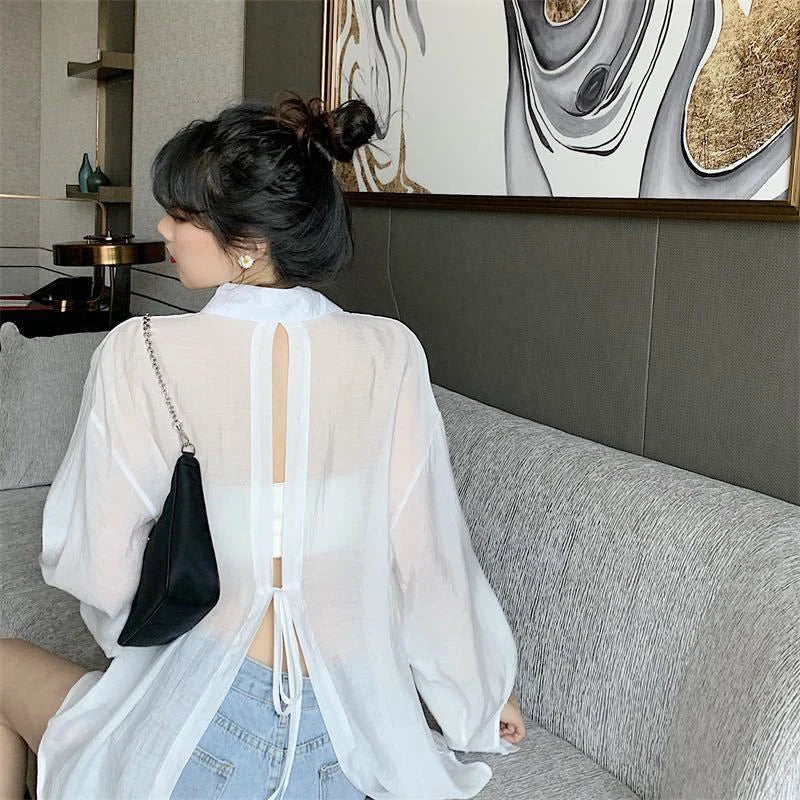 Summer Sun Protection Shirt Women Elegant Chic Loose Lace Up Blouses Korean Fashion Harajuku Long Sleeve Thin Tops Ladies New