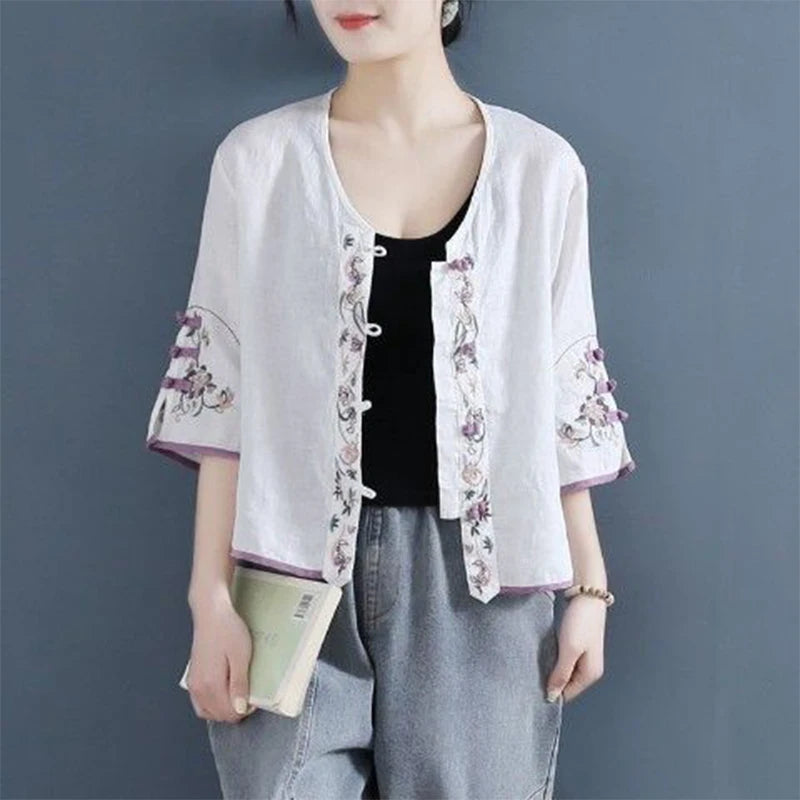 Summer Ethnic Style Cotton Linen Embroidery Vintage Frog Shirt Female Half Sleeve Loose Casual Fashion All-match Cardigan Blouse