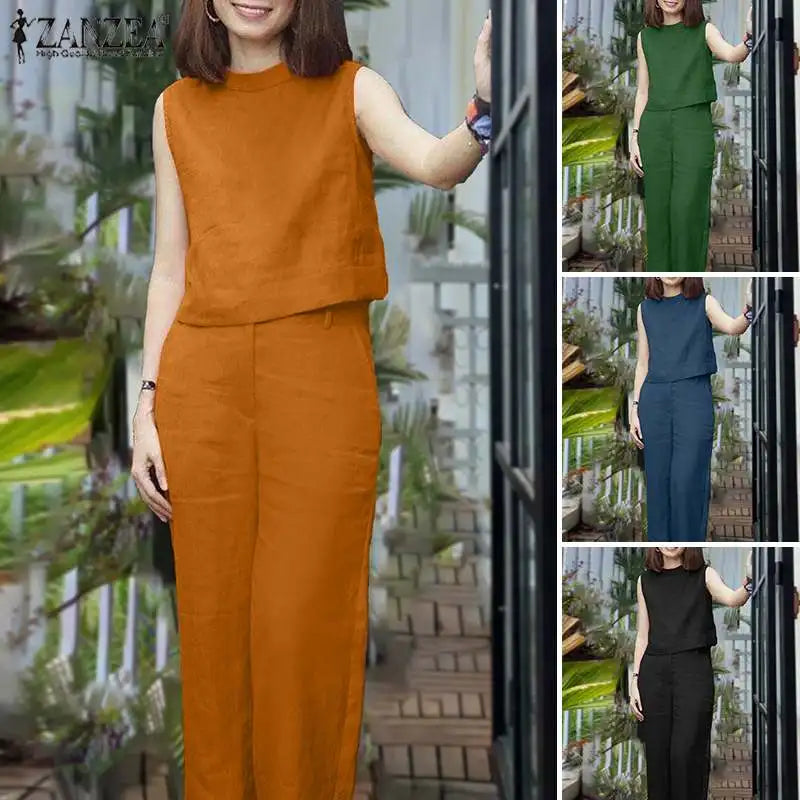 ZANZEA Elegant Women Matching Sets Summer Tracksuits Causal Pant Sets Sleeveless Blouse & Trousers Suit Fashion Outfits Oversize
