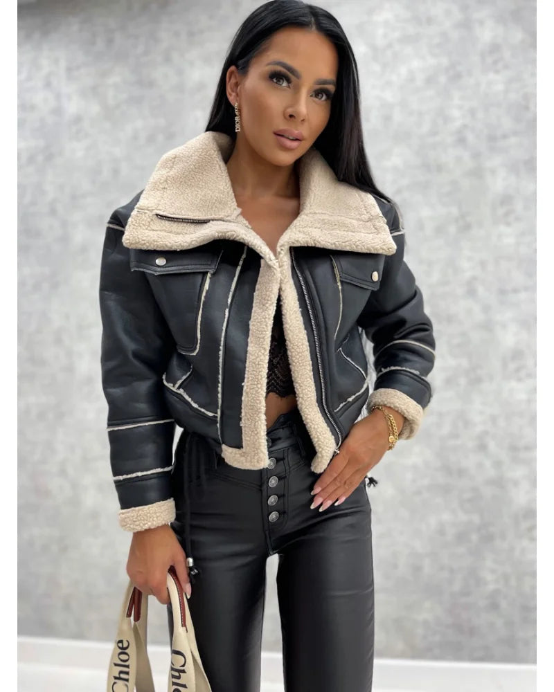 Faux Leather Jackets Women Short Thick Warm Outwear Winter Tops