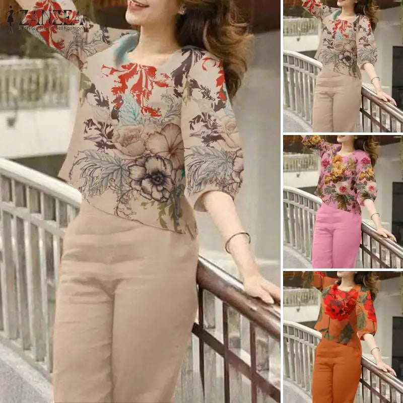 2024 Summer Floral Tracksuits ZANZEA Bohemain Female Blouse Pant Sets Women Fashion Printed Matching Sets Elegant OL Work Suits