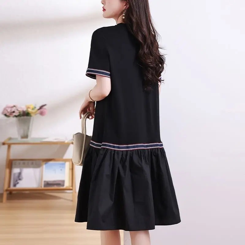 2024 New Fashion All-match Short Sleeve Dresses Ladies Pleated O-neck Women's Clothing Summer Elegant Pullovers A-line Skirt