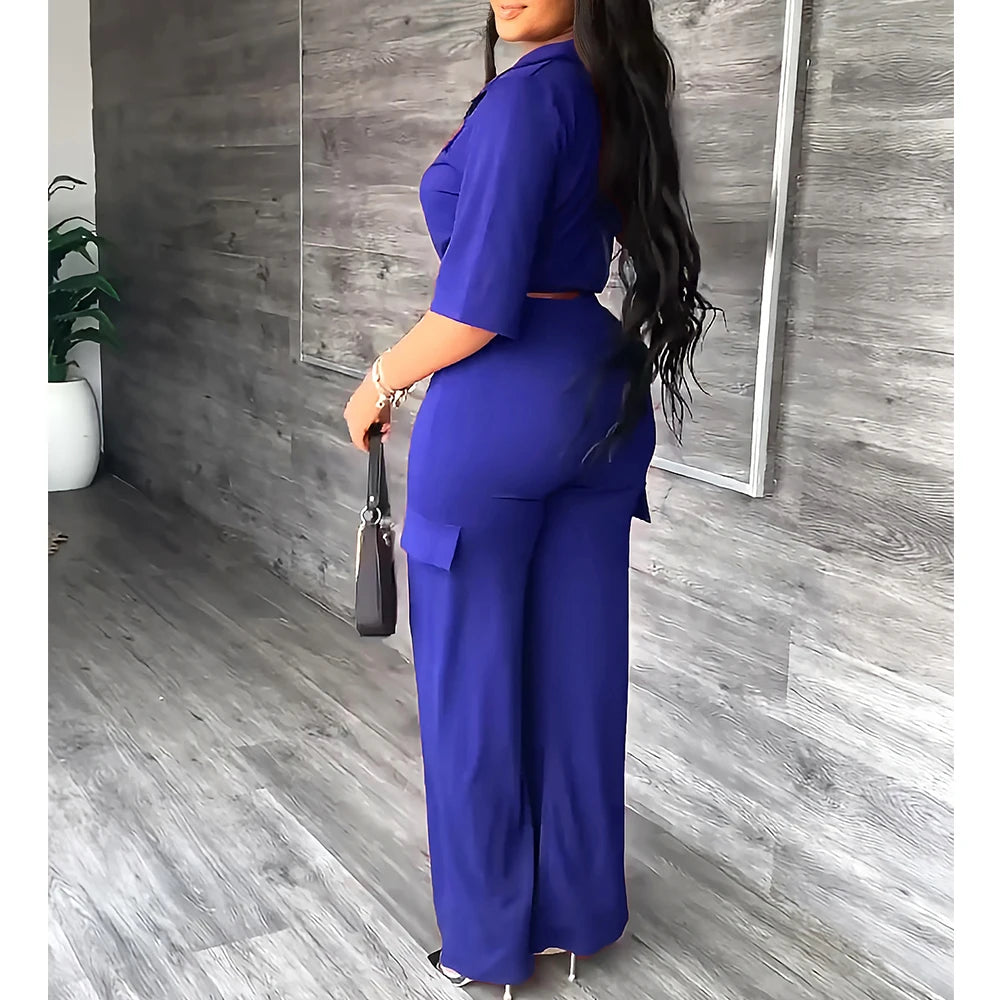 Elegant Women's Set Casual Drawstring Half Sleeve Short Blouse High Waist Straight Wide Leg Pant Suit Tracksuit Two Piece Outfit