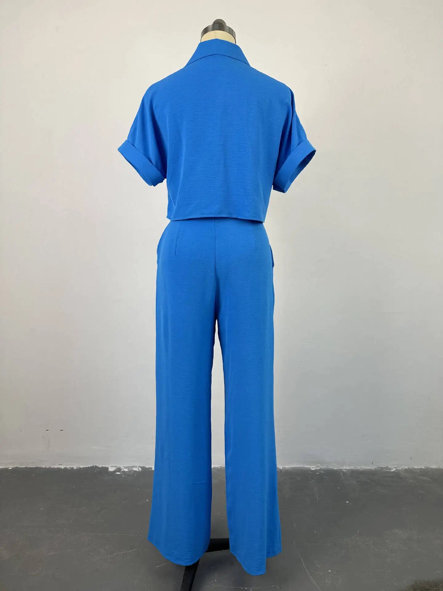Women's Two Piece Sets Spring Summer Casual Solid Turn-down Neck Short Sleeve Loose Top & Wide Leg Pants Set Streetwear Outfits