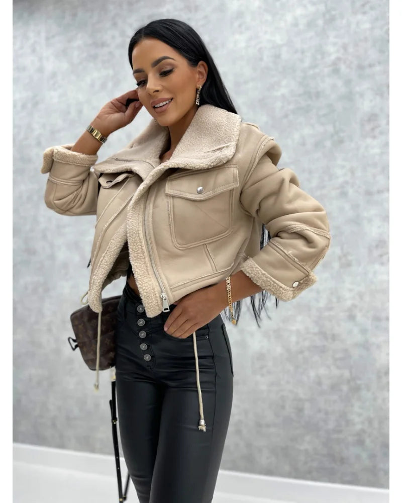 Faux Leather Jackets Women Short Thick Warm Outwear Winter Tops