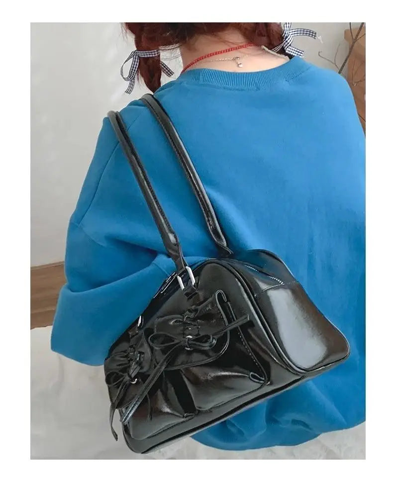 Xiuya Silver Pleated Womens Shoulder Bag Elegant Gentle Korean Fashion Leather Handbag Bow Sweet New Simple Ladies Boston Bag