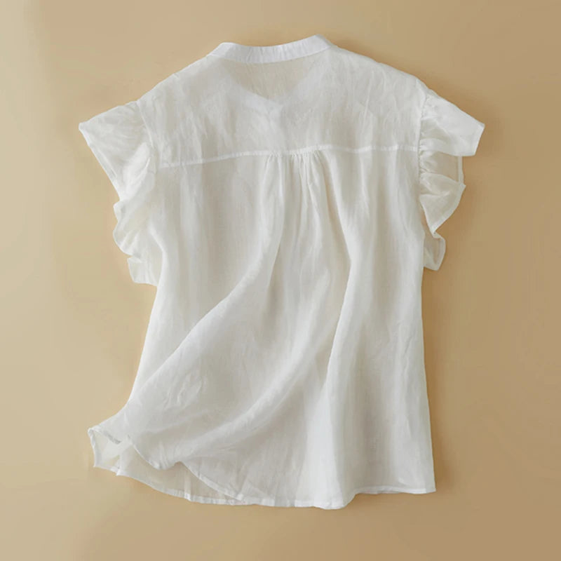 ZANZEA Women Sweety Blouse 2024 Summer White Ruffle Short Sleeve Tops Shirt Stand Collar Female Party Tunic Luxury Chic Blusas
