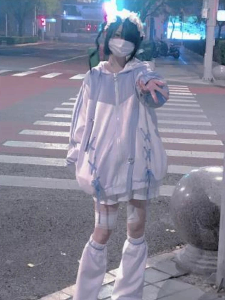90s Harajuku Kawaii Pullover Fairycore Bandage Sweatshirt Y2k Aesthetics Grunge Hoodies Women E-girl Goth Streetwear Moletom Top