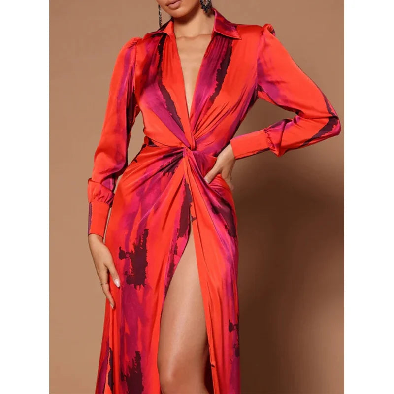 2024 Autumn Women's V-neck Printed Long Sleeve Flip Collar High Waist Split Evening Dress Long Skirt
