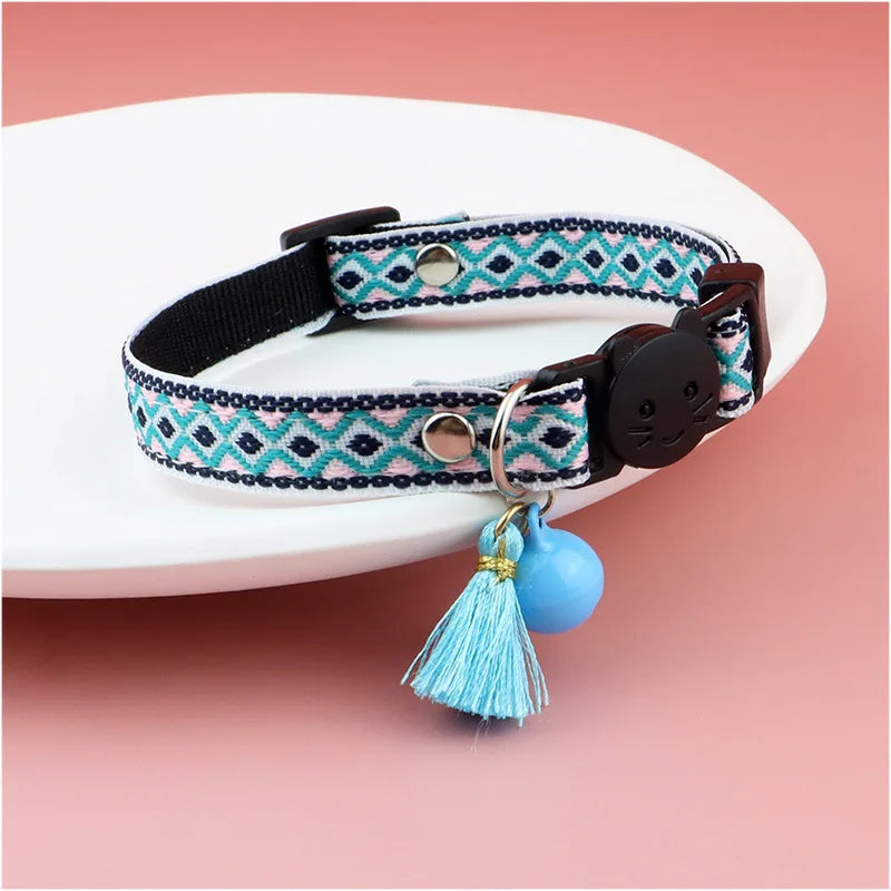 Adjustable cat collar with tassels and bells embellished pet collar colorful plaid jacquard pattern for cat and dog collars