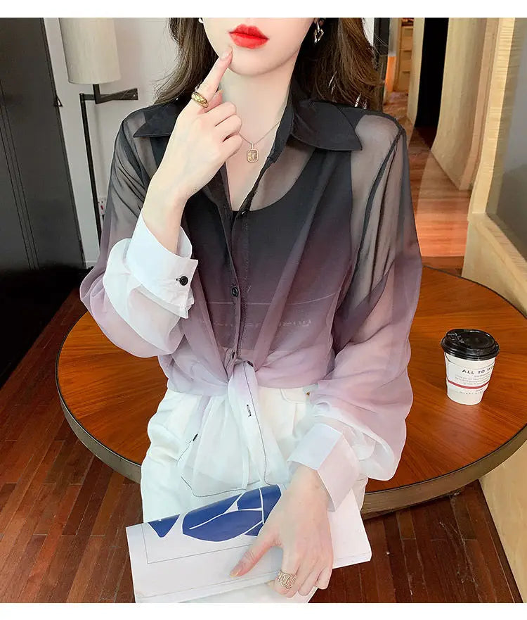 Shirts Women Gradient Loose Leisure Summer Sunscreen Lapel Thin Soft Designed Breathable Korean Fashion Clothing Office Lady New
