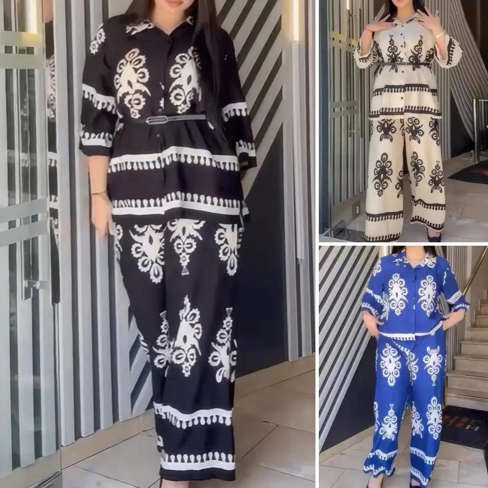 Women Wide-leg Pants Suit Women's Contrast Color Shirt Pants Set with Turn-down Collar Three Quarter Sleeve Top Wide Leg Elastic