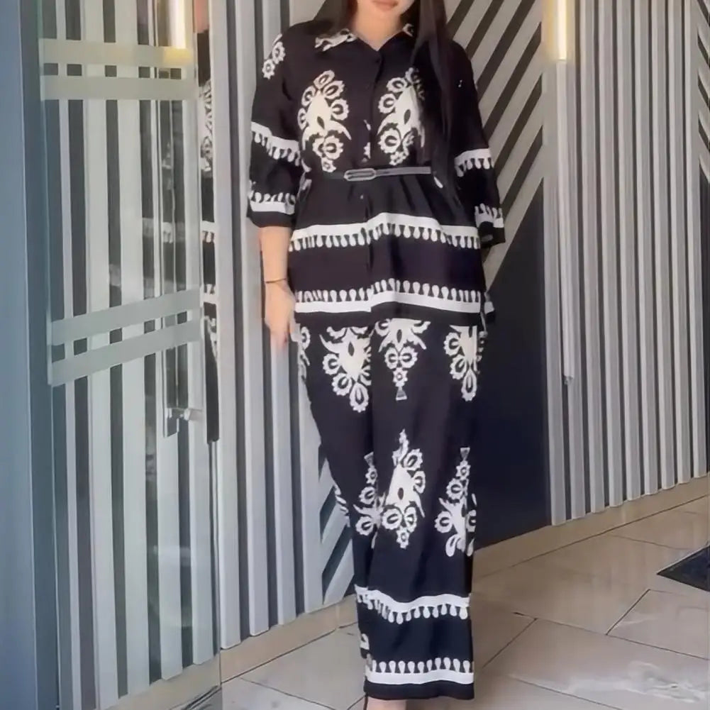 Women Wide-leg Pants Suit Women's Contrast Color Shirt Pants Set with Turn-down Collar Three Quarter Sleeve Top Wide Leg Elastic