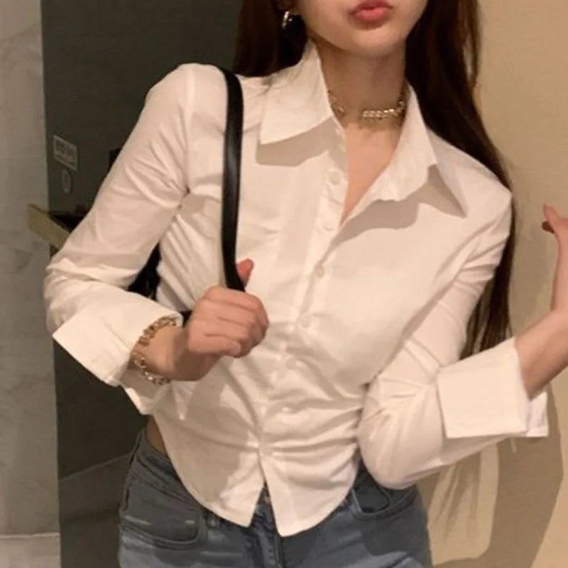 Xpqbb White Shirts Women Korean Style Buttons Folds Slim Fit Crop Tops Female All-Match Daily Design Office Long Sleeve Blouses