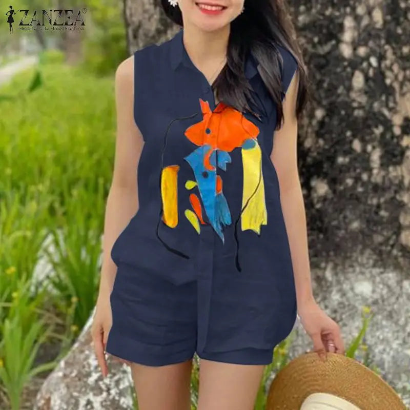 Elegant OL Work Short Sets ZANZEA 2pcs Women Outfits Summer Sleeveless Vest Tops Loose Pant Sets Casual Printed Tracksuits 2024