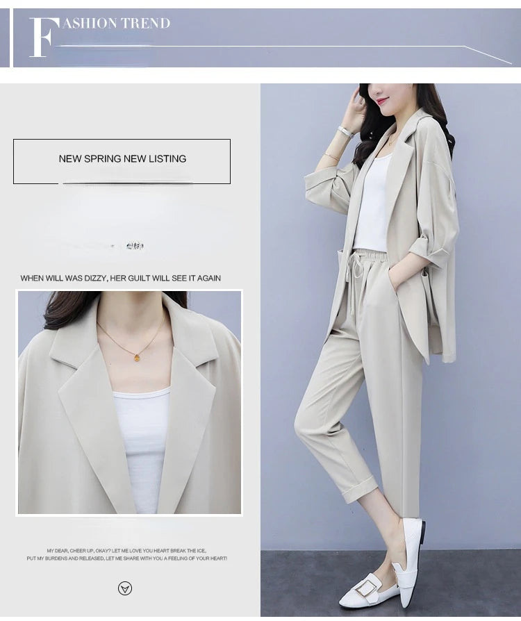 Spring and Autumn New Fashion Plus Size Women's Three Piece Suit Cotton Blended Single Button Coat Nine Point Pants Office