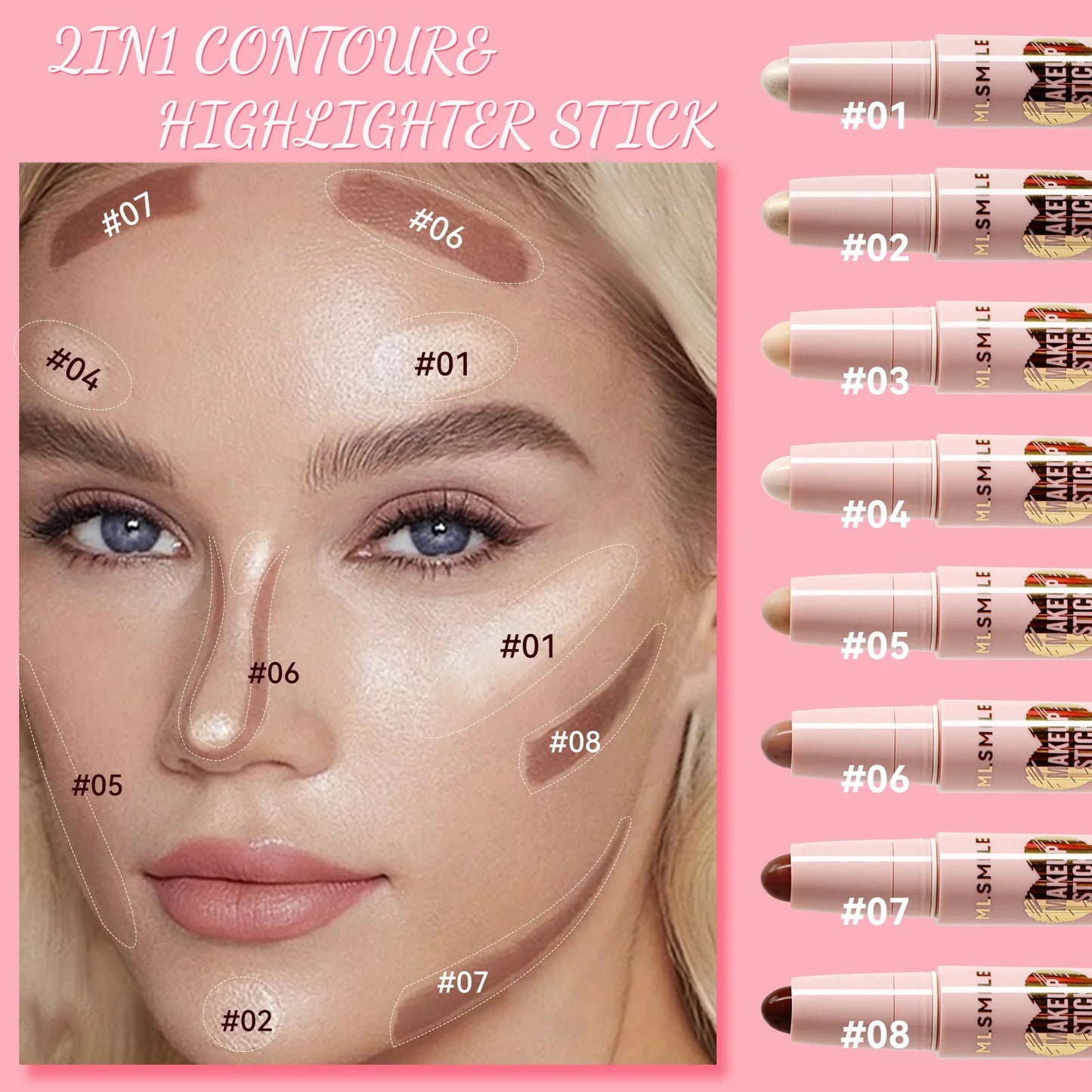 MLSMILE 8 Color High Gloss Pearl Contouring Stick Face Brightening Sleeper Silkworm Pen three-dimensional Face contour Shadow