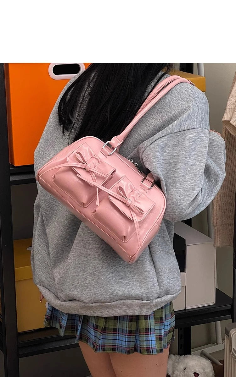 Xiuya Silver Pleated Womens Shoulder Bag Elegant Gentle Korean Fashion Leather Handbag Bow Sweet New Simple Ladies Boston Bag
