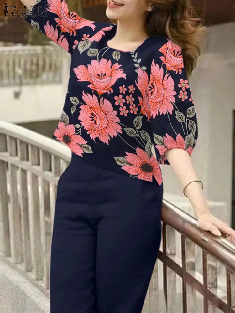 ZANZEA Elegant Holiday Pant Sets Women Vintage Floral Print Square Collar Blouse 2pcs Outfits Casual Solid Trousers Tracksuits