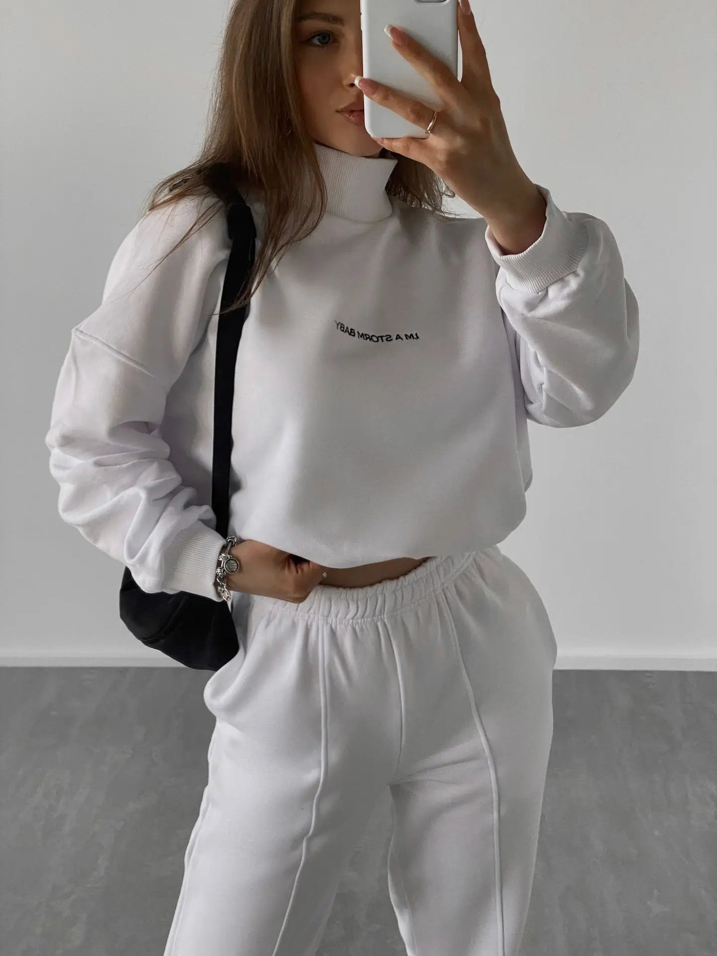 2023 Spring Autumn New Printed Loose Sports Suit Women Turtleneck Long Sleeve Sweatshirt Drawstring High Waist Pencil Pants Suit