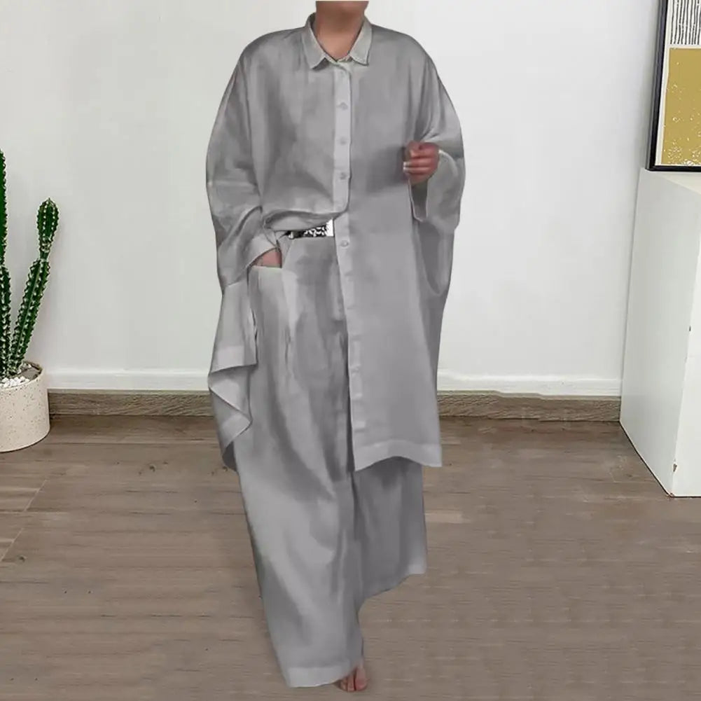 Women Wide Leg Pants Suit Elegant Women's Shirt Pants Set with Lapel Button-down Blouse Elastic Waist Trousers Chic for Fall