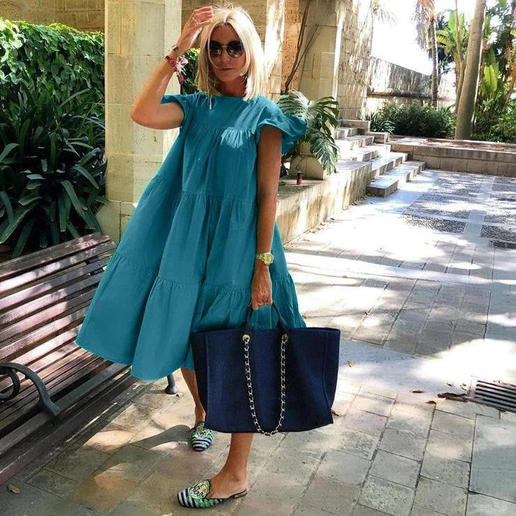 Women Ruff Sundress Elegant Casual Party Beach Vintage Swing Midi Dress 2022 Summer Solid Bohemian Oversized Vestidos Robe