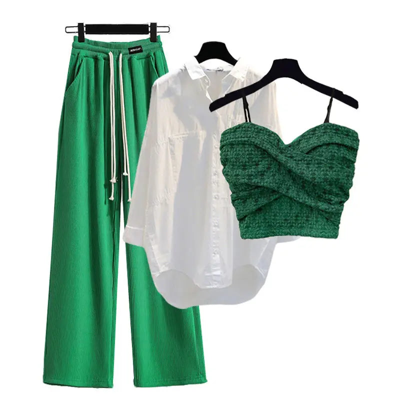 2023 Summer New Wide Free Casual Wide Leg Trousers White Shirt Wave Bra Vest Three Piece Elegant Women's Pants Set Tracksuit