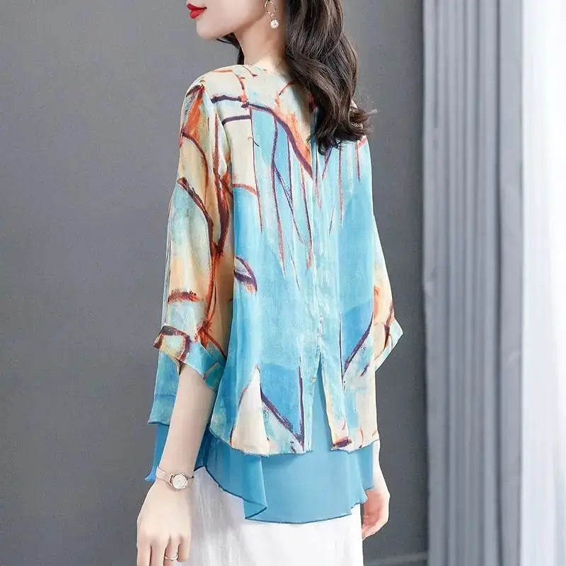 Summer Elegant Fashion Printing Oversized Chiffon Shirts Femme Harajuku Sleeve Pullover Tops Women Loose Casual All-match Blouse