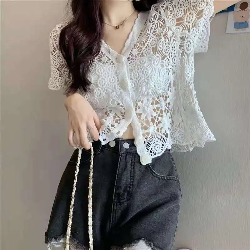 Sheer Crochet Top Button Front V-Neck Short Sleeve Open-knit Embroidery Blouse Women Summer Boho Vacation Outfit