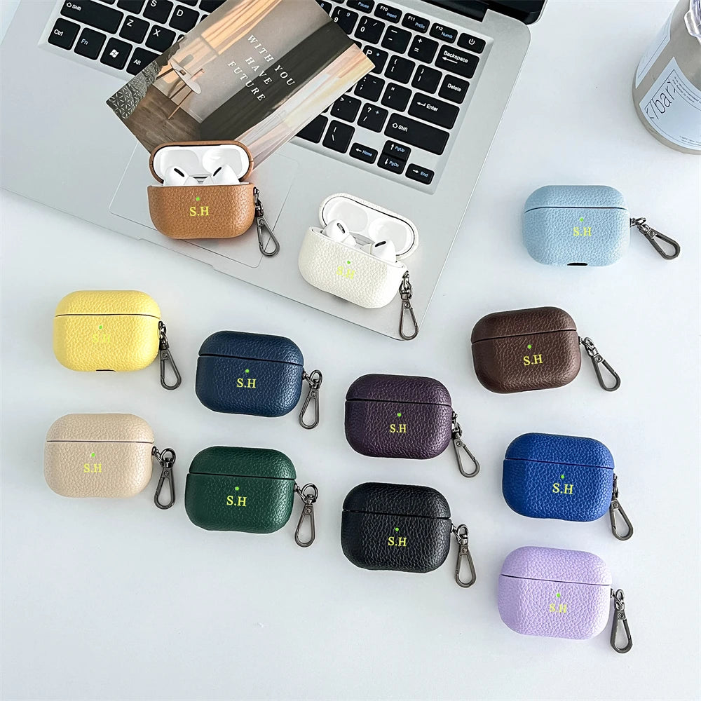Personalized Initials Letters Customize Earphone DIY Case For Airpods 1 2 3 Pro 2 Luxury Lychee Skin Pattern With Keychain Cover