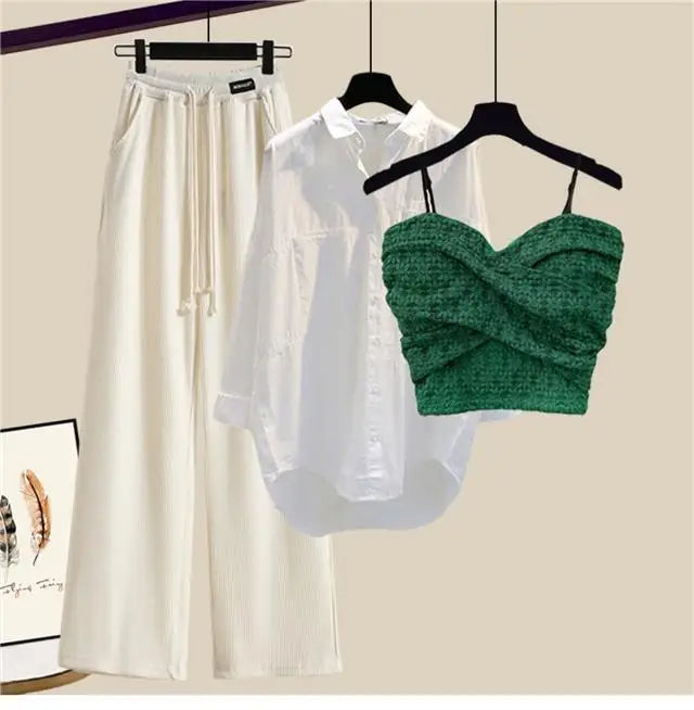 2023 Summer New Wide Free Casual Wide Leg Trousers White Shirt Wave Bra Vest Three Piece Elegant Women's Pants Set Tracksuit
